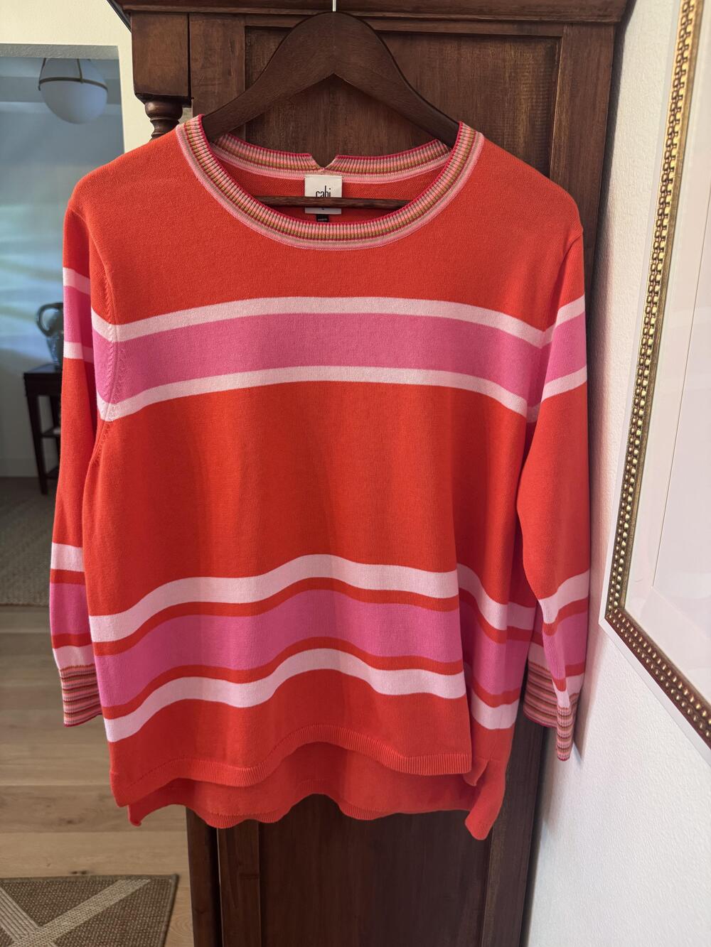 Cabi Sweater Womens Large Orange Pink Striped 3/4 Sleeve Cotton Knit Crewneck